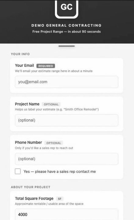 A phone-width view of a customer-facing instant-estimate tool, showing an entry form and a generated price