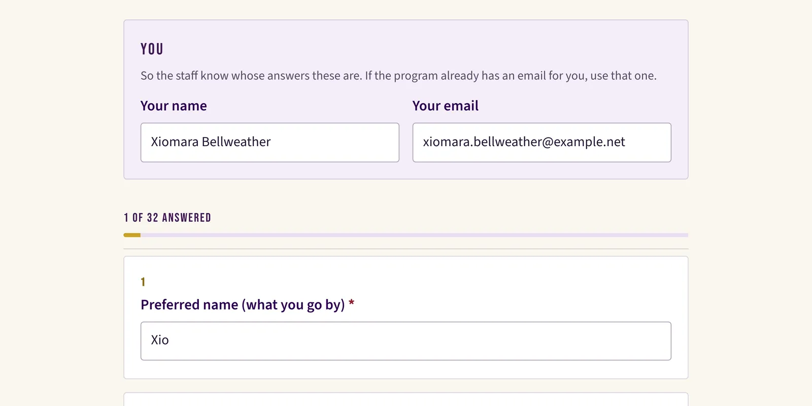 A public application form, part filled in: a name, an email address, and the first of 32 questions answered.
